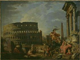Ruinenlandschaft mit Kolosseum und Konstantinsbogen und Allegorie auf den Untergang des Roemischen R 1757