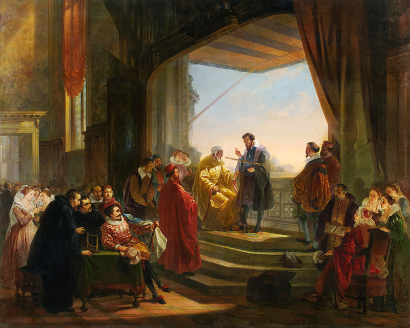 Galilei macht vor dem Dogen Leonardo Donato und dem Senat von Venedig den ersten Versuch mit Telesko von Giovanni Servi