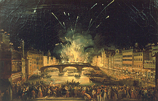 Feuerwerk über der Ponte alla Carraia in Florenz am Feste Johannes d. Täufers. von Giovanni Signorini