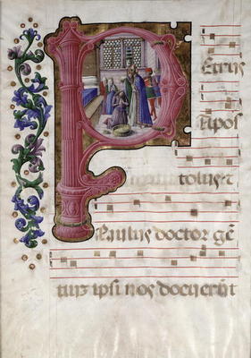 Historiated initial 'P' depicting the Baptism of Constantine (c.274-337) from a Lombardian antiphona von Girolamo  da Cremona