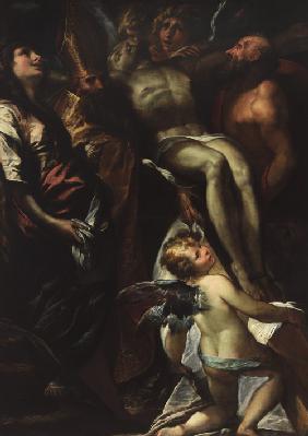 Die Kreuzabnahme mit Heiligen Maria Magdalena, Augustin, Hieronymus und Engeln