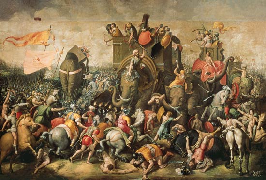 Schlachtbild mit Kriegselefanten. von Giulio Romano