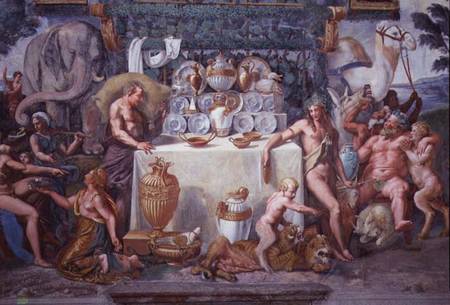 The noble banquet celebrating the marriage of Cupid and Psyche, detail showing Dionysius and Silenus von Giulio Romano