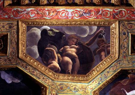 A nymph pouring water from a jug, a putto urinating and another putto holding an urn, ceiling caisso von Giulio Romano