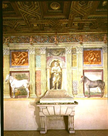 Sala dei Cavalli with trompe l'oeil portraits of two horses, the god Jupiter and imitation bronze pa von Giulio Romano