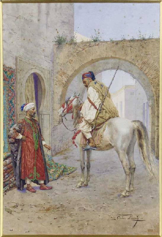 Unterhaltung zwischen einem Teppichverkäufer und einem Reiter. von Giulio Rosati