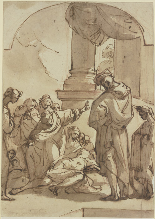 Viele Figuren vor einer Säulenhalle um einen Sterbenden versammelt von Giuseppe Maria Crespi
