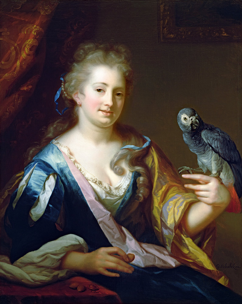 Portrait of a Lady feeding a parrot von Godfried Schalcken