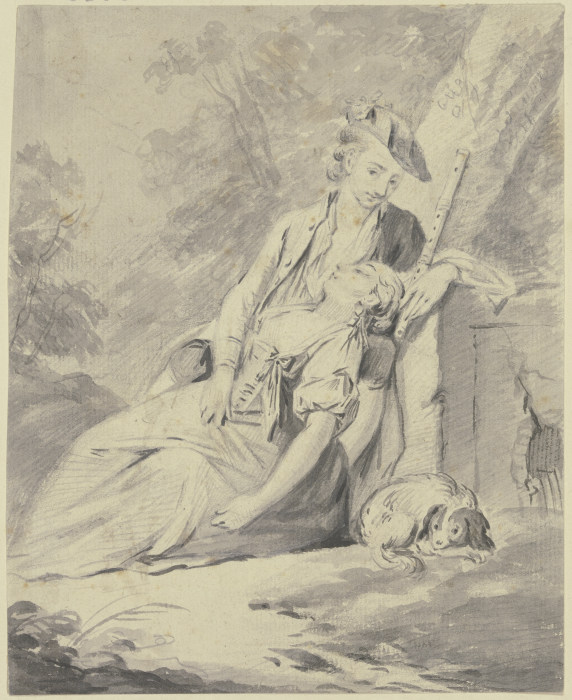 Ein Schäfer und eine Schäferin mit einem Hund lagern unter Bäumen von Gottlieb Welté