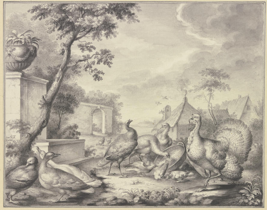Truthahn und Tauben bei der Fütterung, links drei Enten von Gottlieb Friedrich Riedel