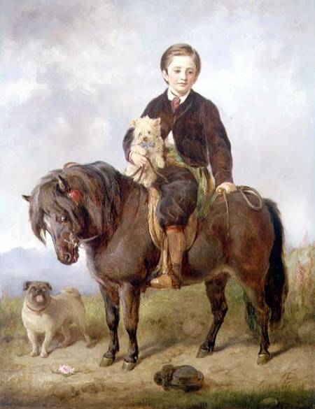 John Samuel Bradford as a boy seated on a shetland pony with a pug dog von Gourlay Steell