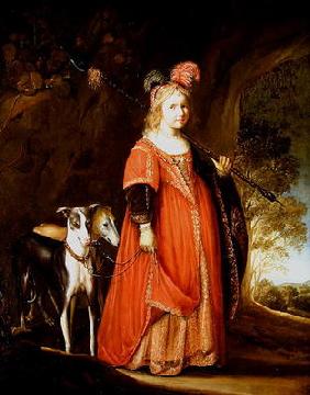 Portrait of a young girl as Diana, in a glade with two greyhounds (oil on canvas) 17th