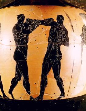 Black-figure Panathenaic amphora depicting a boxing contest, c.336 BC (pottery)