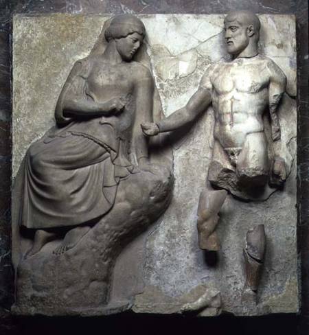 Hercules and Minerva, one of a series of metopes depicting the Labours of Hercules from the Temple o von Greek School