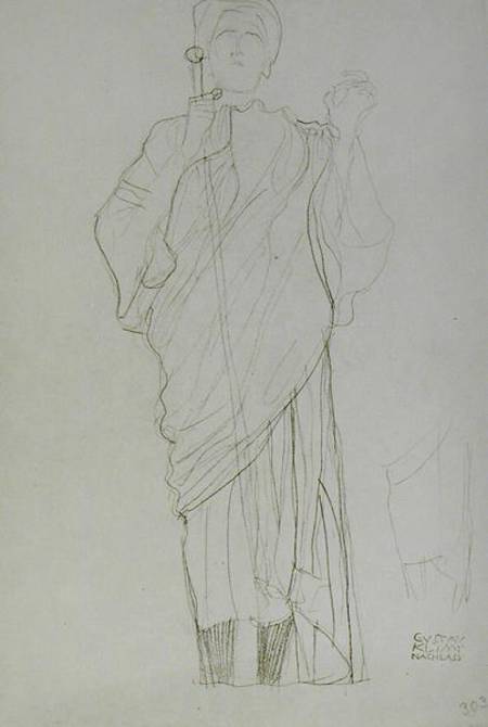 Standing Woman Holding Sword, cil on brown von Gustav Klimt