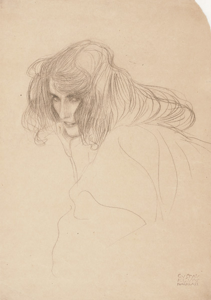 Studie eines Frauenkopfes im Drieviertelprofil (Studie für Unkeuschheit im Beethovenfries) von Gustav Klimt