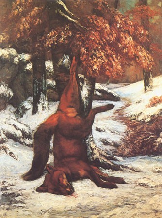 Renard suspendu a un arbre, dans la neige von Gustave Courbet