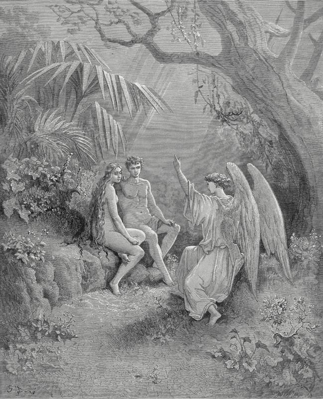 Raphael spricht mit Adam und Eva. Illustration für "Das verlorene Paradies" von John Milton von Gustave Doré