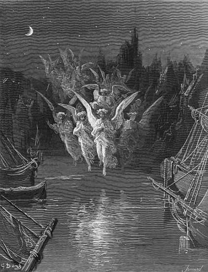 The angelic spirits leave the dead bodies and appear in their own forms of light, scene from ''The R von Gustave Doré