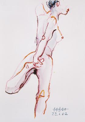 Auf rechtem Bein stehender weiblicher Akt, den linken Fuß mit der rechten Hand vor dem Gesäß... 2002