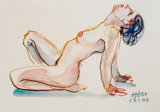 Auf linkem Unterschenkel sitzender weiblicher Akt, Oberkörper nach hinten geneigt... von Hajo Horstmann