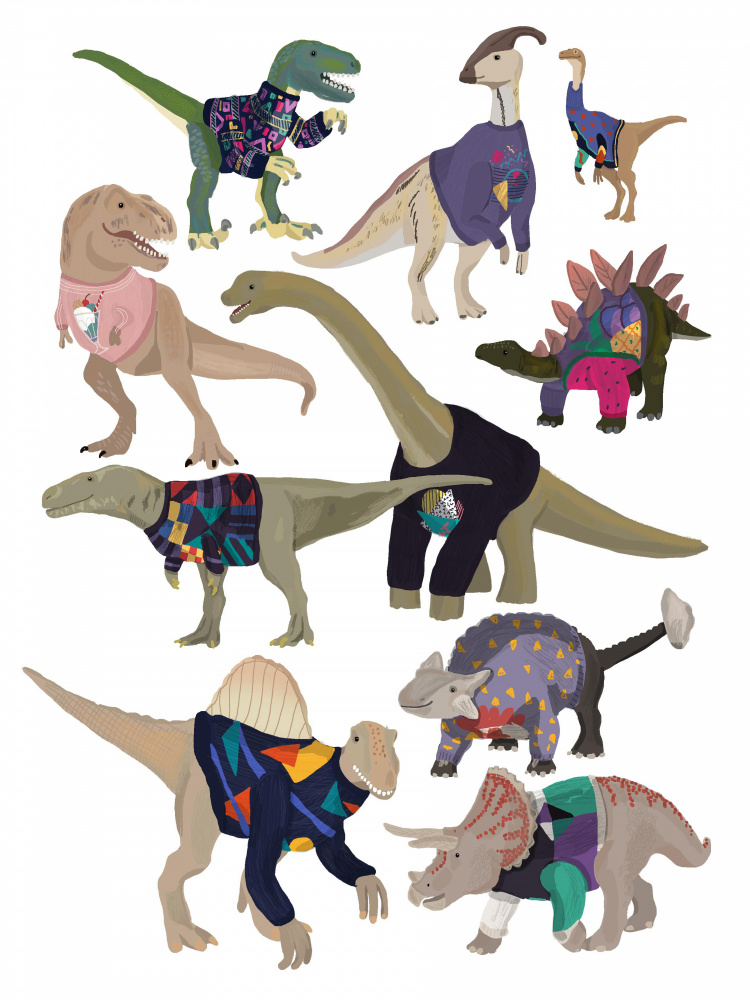 Dinosaurier in 80er-Jahre-Pullovern von Hanna Melin
