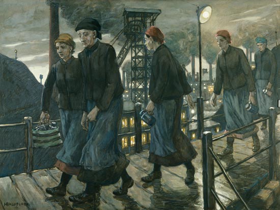 Zechenarbeiterinnen auf einer Hängebrücke von Hans Baluschek