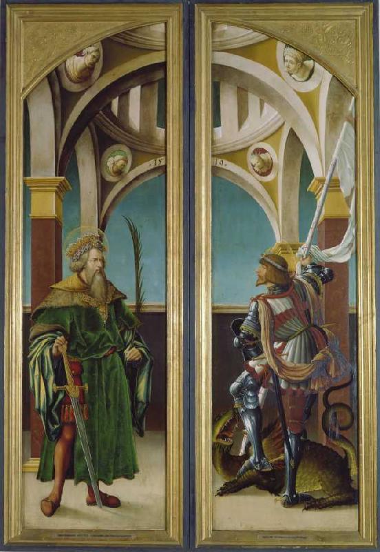 Kreuzigungsaltar Außenseiten linken und rechten: Die hll. Sigismund und Georg Nadelholz, von Hans Burgkmair d. Ä.