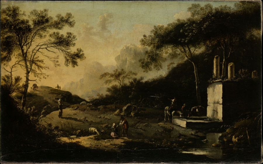 Italienische Berglandschaft mit Reisenden an einem Brunnen von Hans de Jode