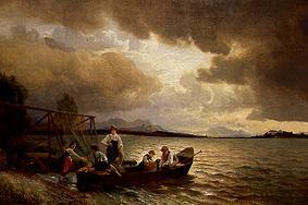Fischer im Boot am Chiemsee-Ufer von Hans Fredrik Gude