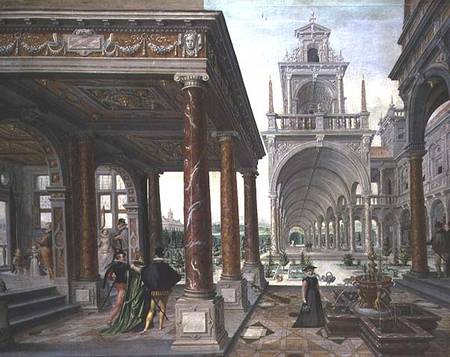 Cappricio of palace architecture with Figures Promenading von Hans or Jan Vredeman de Vries