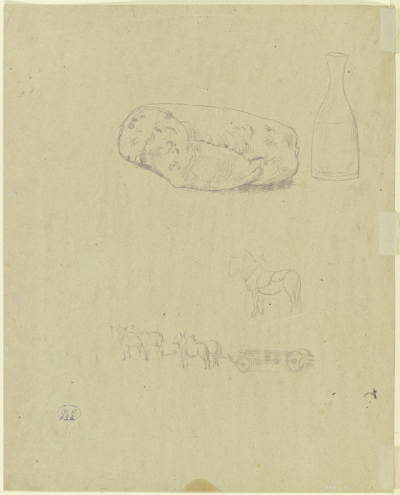 Studienblatt: Brot, Flasche und eine bespannte Pferdekutsche von Hans Thoma