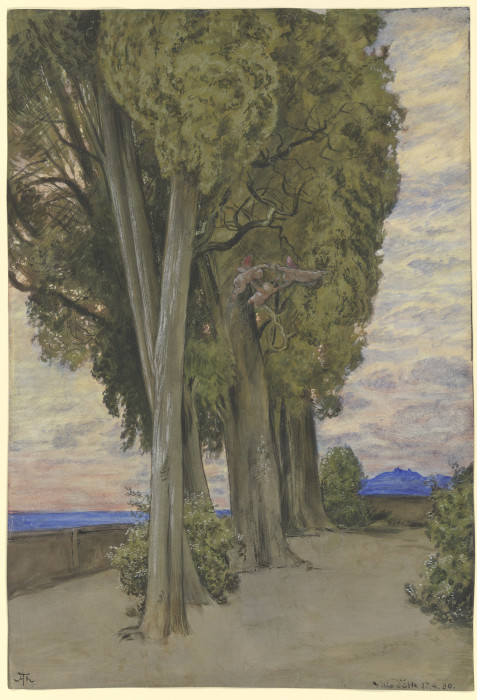 Zypressen in der Villa d`Este, unterhalb der Baunkronen ein Reigen drei Putten von Hans Thoma