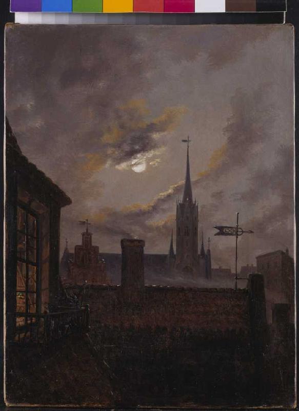 Deutscher Mondschein (Blick über Dächer auf eine gotische Kirche im Mondschein) von Hans von Aachen