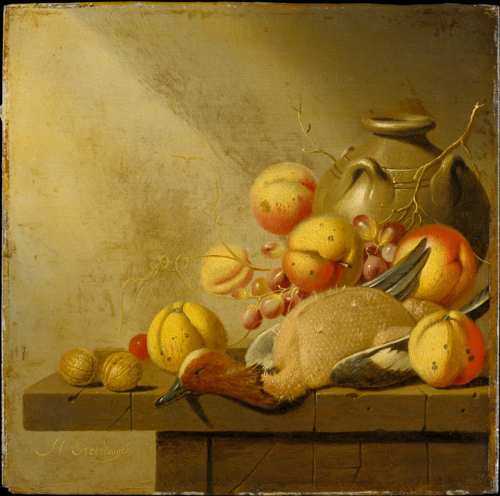 Stillleben mit Früchten und einer gerupften Ente von Harmen van Steenwijck