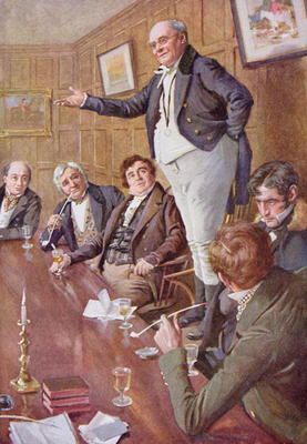 Mr Pickwick Adresses the Club, illustration for 'Character Sketches from Dickens' compiled by B.W. M von Harold Copping
