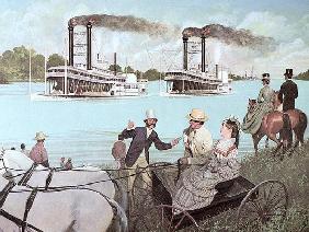 The Great Mississippi Steamboat Race, 1870 (colour litho) 1887