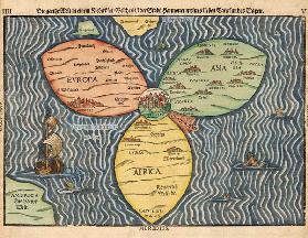 Drei Kontinente der Welt als Kleeblatt, mit Jerusalem im Mittelpunkt 1581