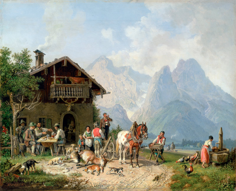 Zechende Jäger vor dem Jagdhaus bei Partenkirchen von Heinrich Bürkel