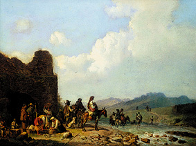 Campagna-Landschaft mit ziehenden Landleuten vor einer Ruine von Heinrich Bürkel