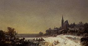 Winterliches Dorf mit Kirche an einem See