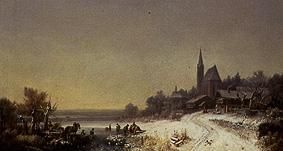 Winterliches Dorf mit Kirche an einem See von Heinrich Bürkel