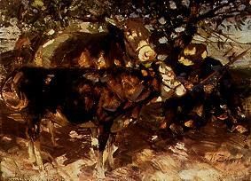 Bauern mit Kühen im Schatten eines Baumes. von Heinrich von Zügel