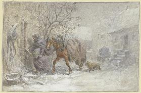 Gutshof im Winter, ein Pferd wird vom Kutscher in den Stall geführt