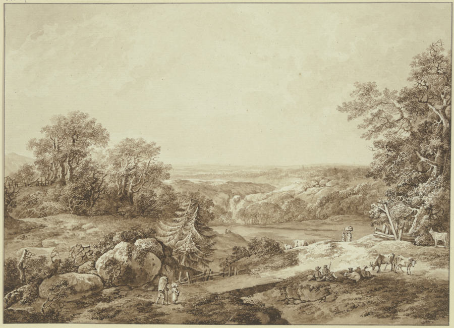Hügellandschaft mit Ausblick in weite Ferne, vorne am Weg rastende Hirten mit ihrer Herde und wander von Heinrich Wüest