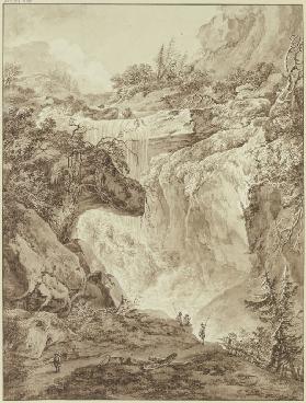 Wasserfall in einer Gebirgsschlucht, im Vordergrund vier Angler