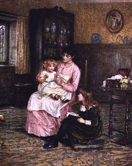 Mother playing with children in an interior von Helen Allingham