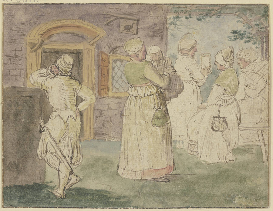 Vor einem Wirtshaus, links ein Soldat, rechts vier zechende Frauen, die eine trägt ein Kind von Hendrick Avercamp