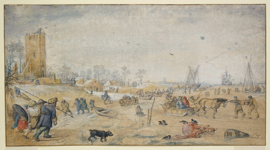 Winterlandschaft mit vielen Figuren und Schlitten, vorn liegt ein totes Pferd, von Raben gefressen von Hendrick Avercamp