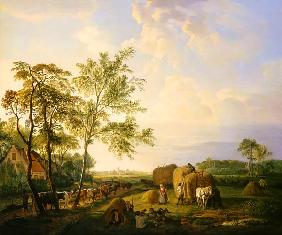 Landschaft mit Heuernte und Viehherde